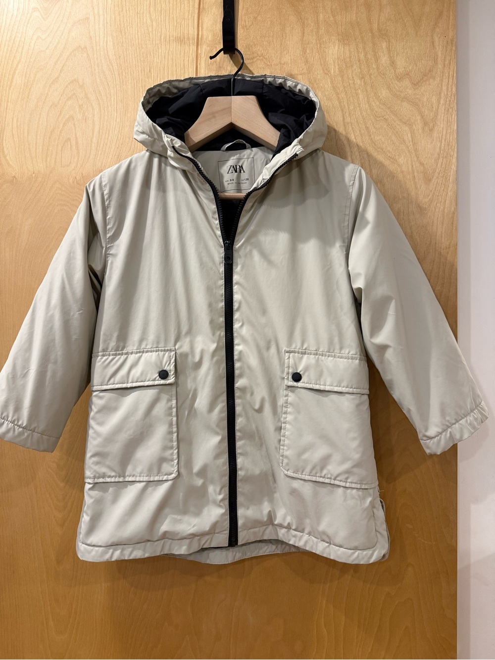 Zara Kids Light Beige Hooded Coat with Black Trim